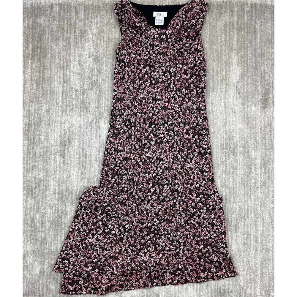 AGB Byer California Dress Womens 6 Black Pink Floral Maxi Cowl Neck Asymmetrical